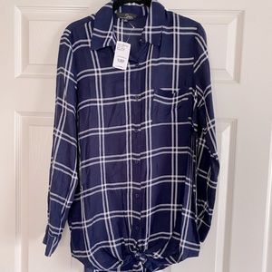 Blue tie front plaid shirt